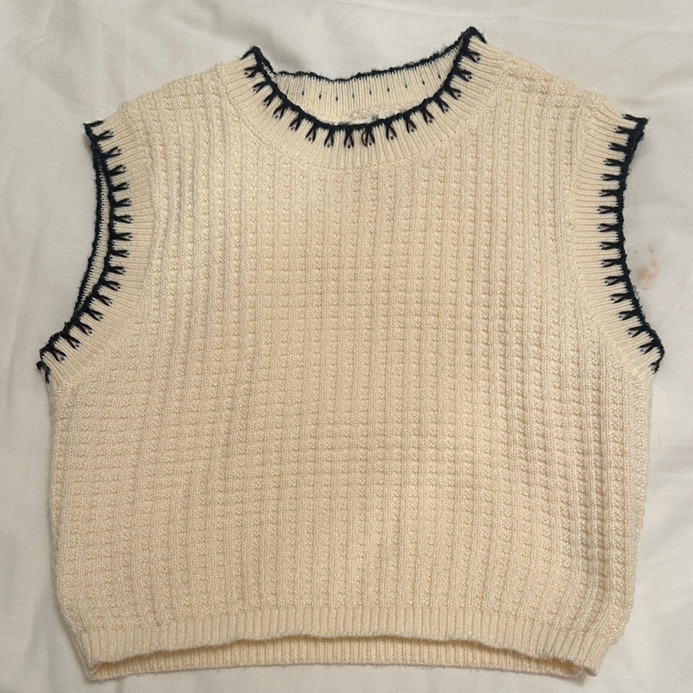 Altar'd State Cream Knit Sleeveless Vest with Black Trim